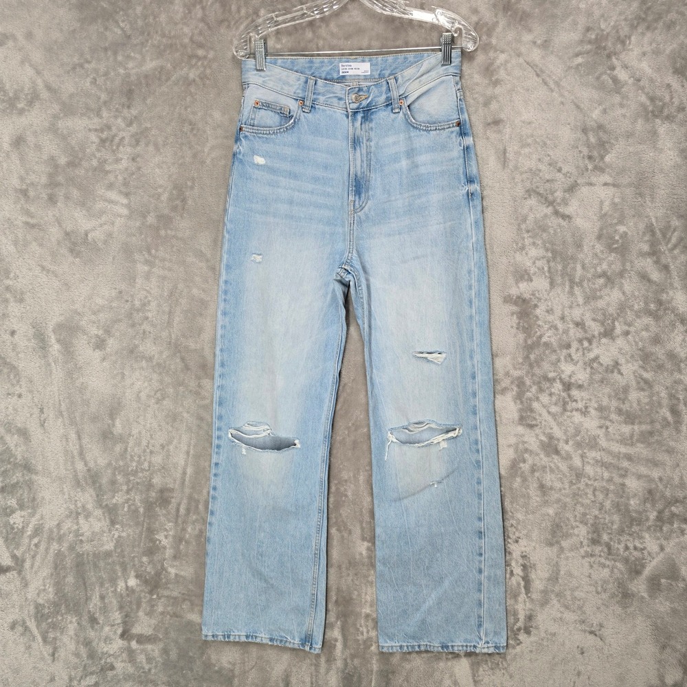 Bershka The 90s Jeans Women 6 Light Blue Distressed High Rise Straight Leg Denim